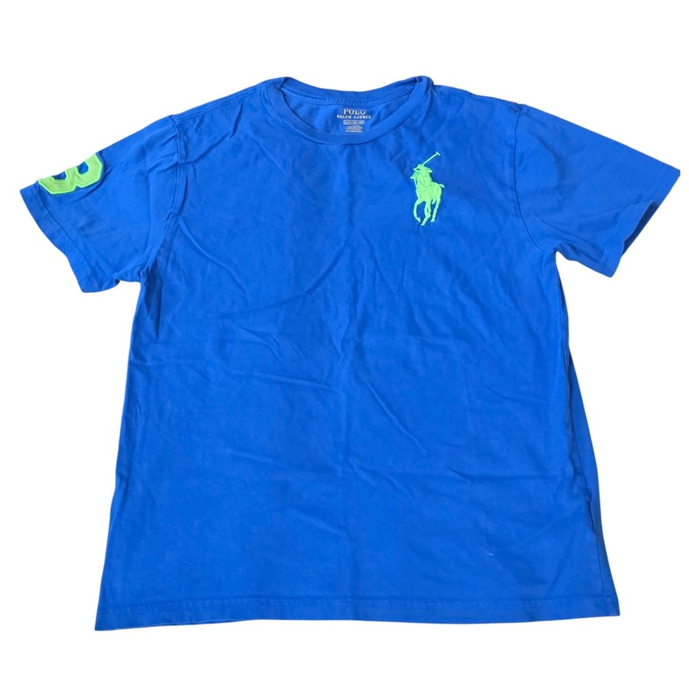 Polo Ralph Lauren Boys Blue Big Pony T-Shirt Lime Green Logo‎ Size L 14-16